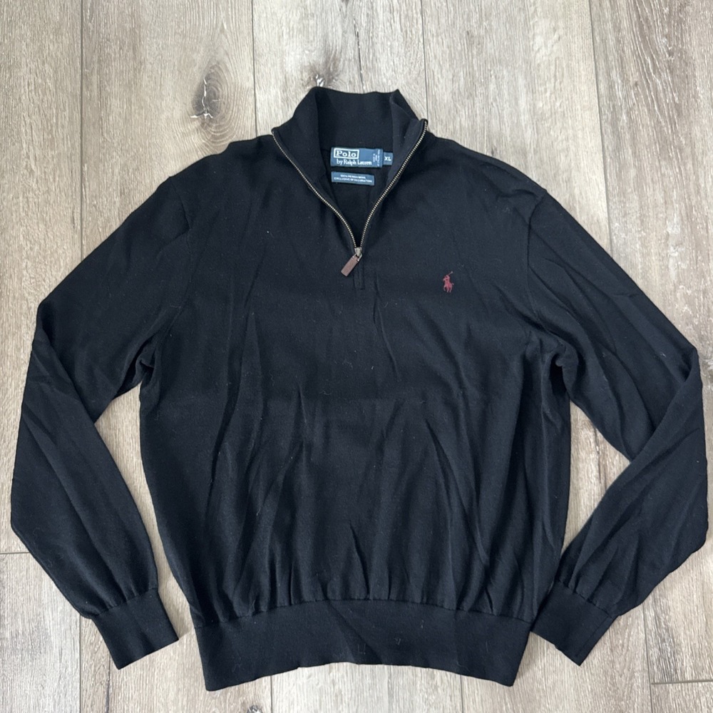 Polo By Ralph Lauren Sweater Mens XL Black Merino Wool Quarter Zip Pullover